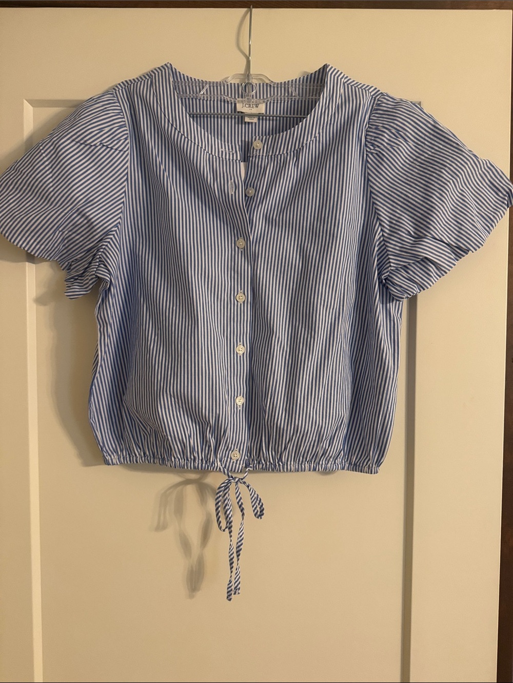 J. Crew Factory Blue and White Vertical Stripe Puff Sleeve Blouse with tie waist
